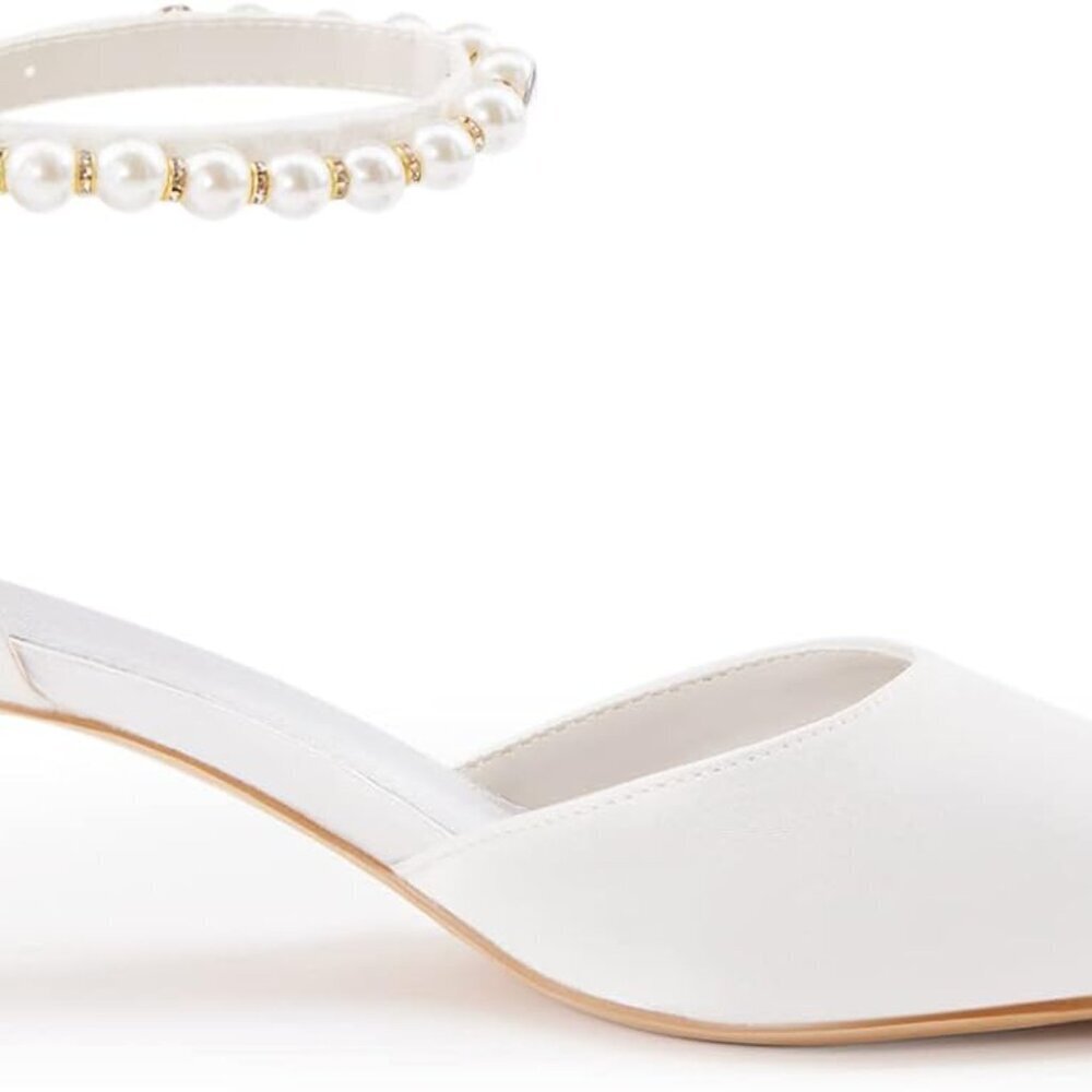 Women's Satin Pearl Ankle Strap Pumps Low Kitten Heel Dress Shoes - Picture 4 of 5